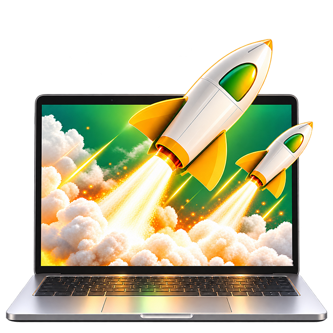 Foguetes decolando de um notebook, nas cores verde e laranja da Periquito Virtual